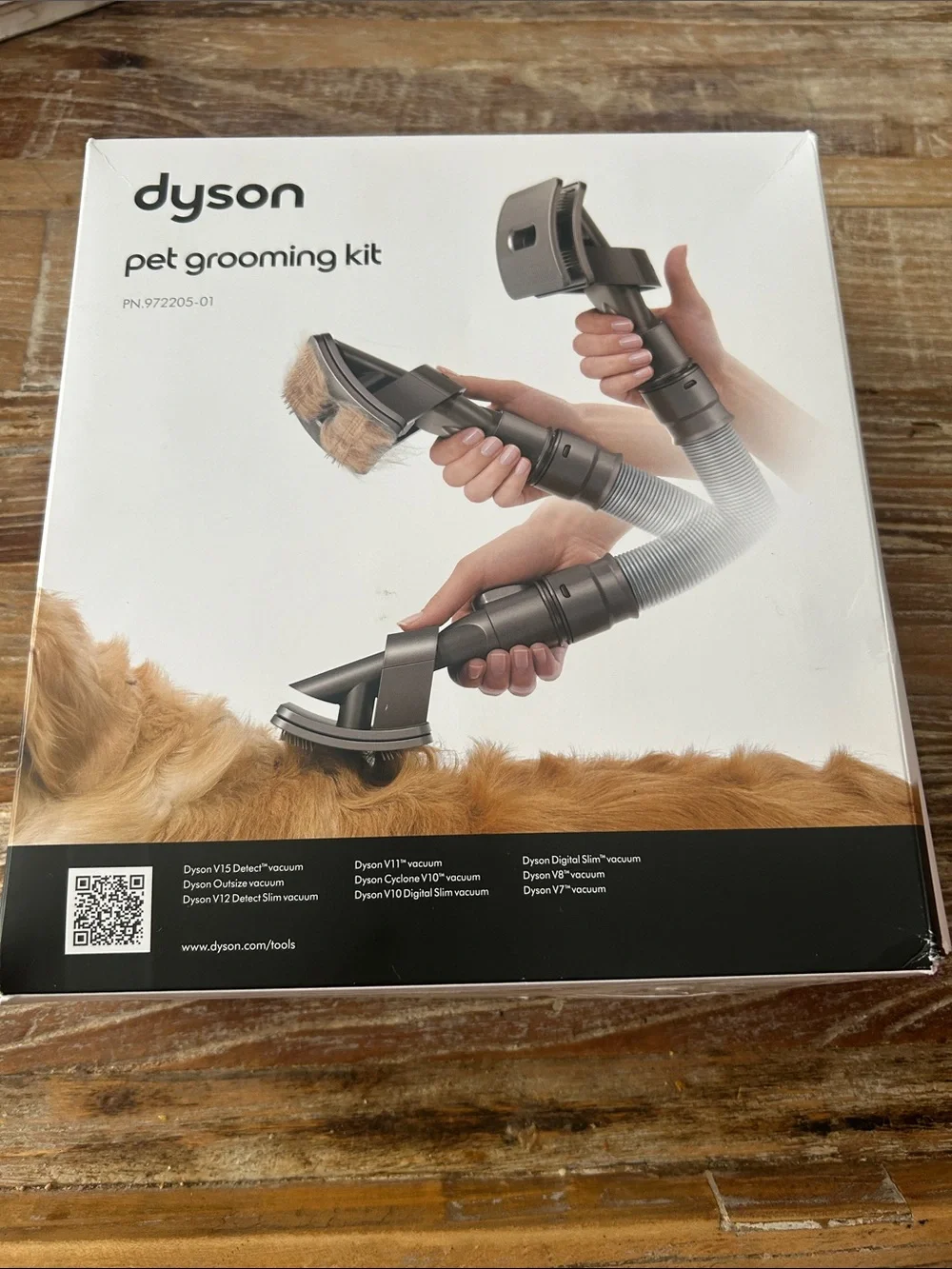 Pet grooming kit by Dyson-engineered to groom medium and long-haired pets.